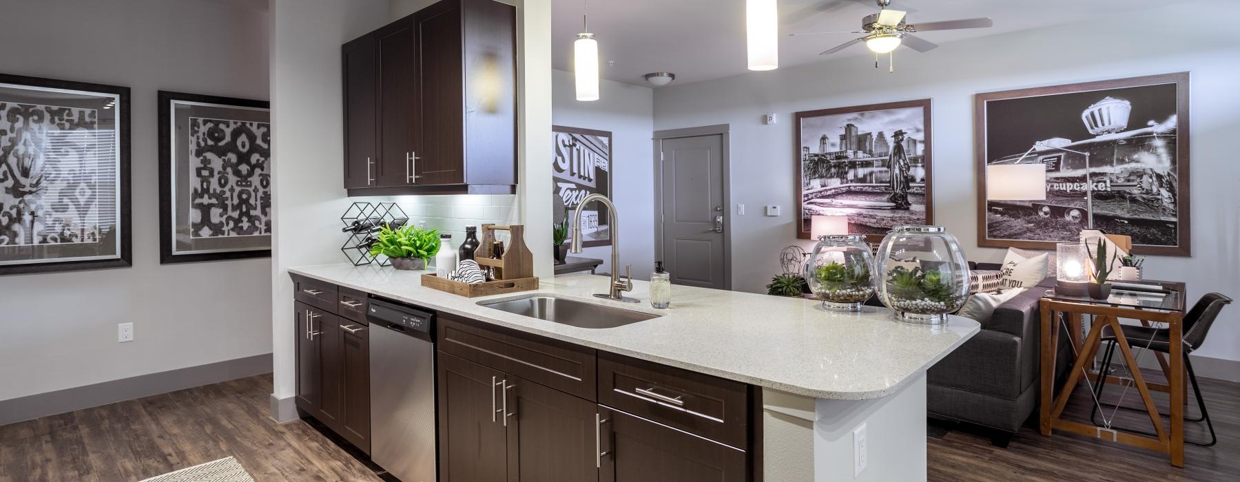 a kitchen with open countertop