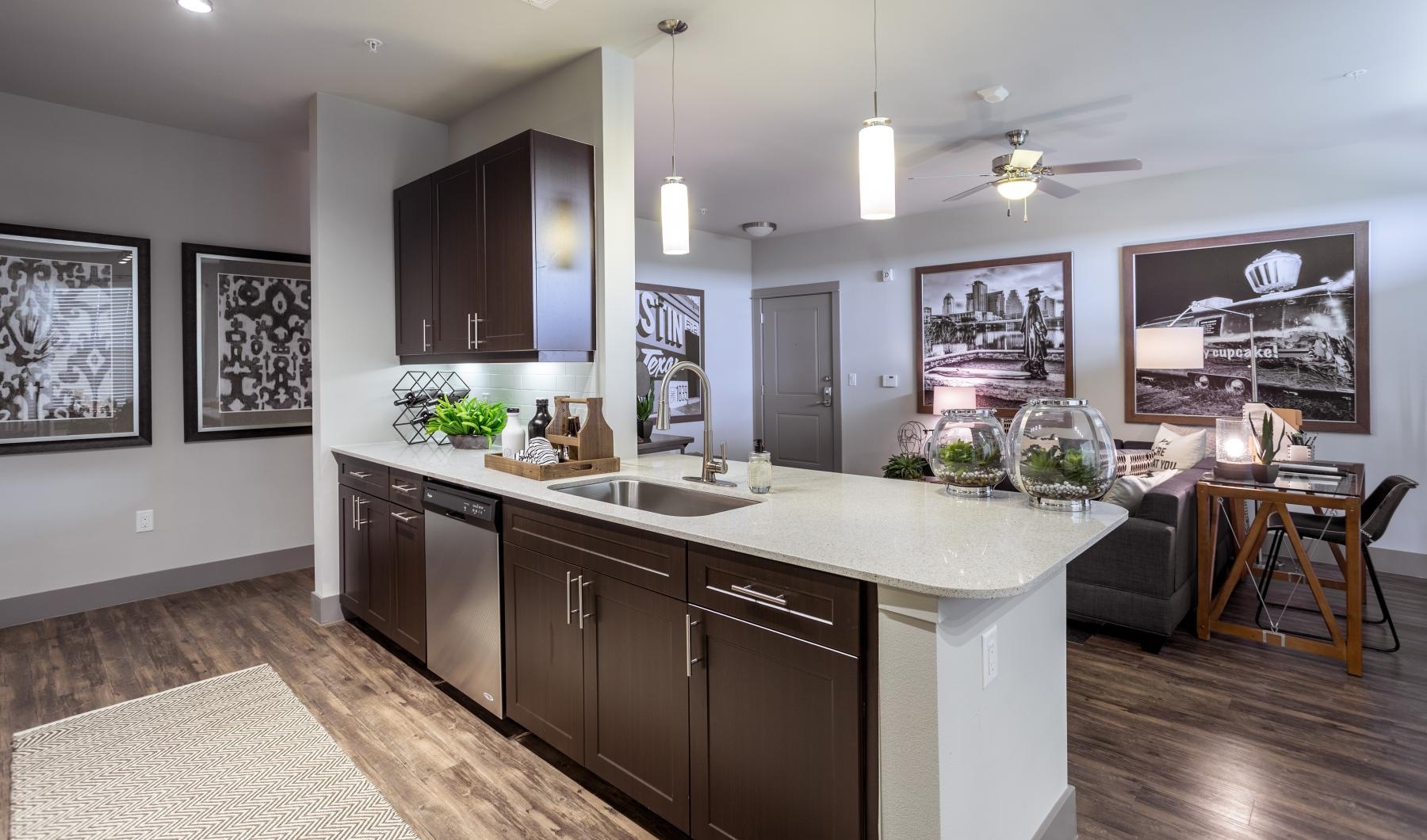 a kitchen with open countertop